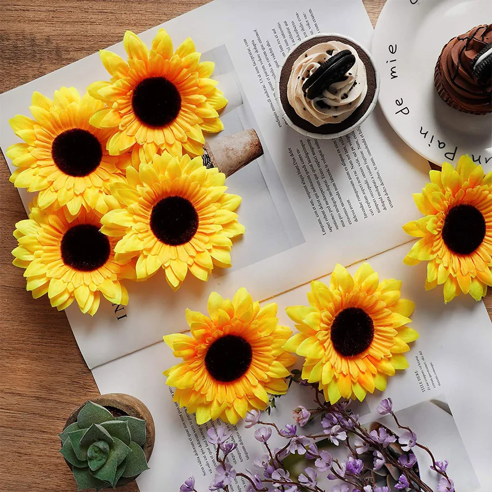 15Pcs Silk Artificial Flowers Head 9CM Daisy Sunflower For Wedding Party Home Decoration DIY Wreath Scrapbooking Fake Flower