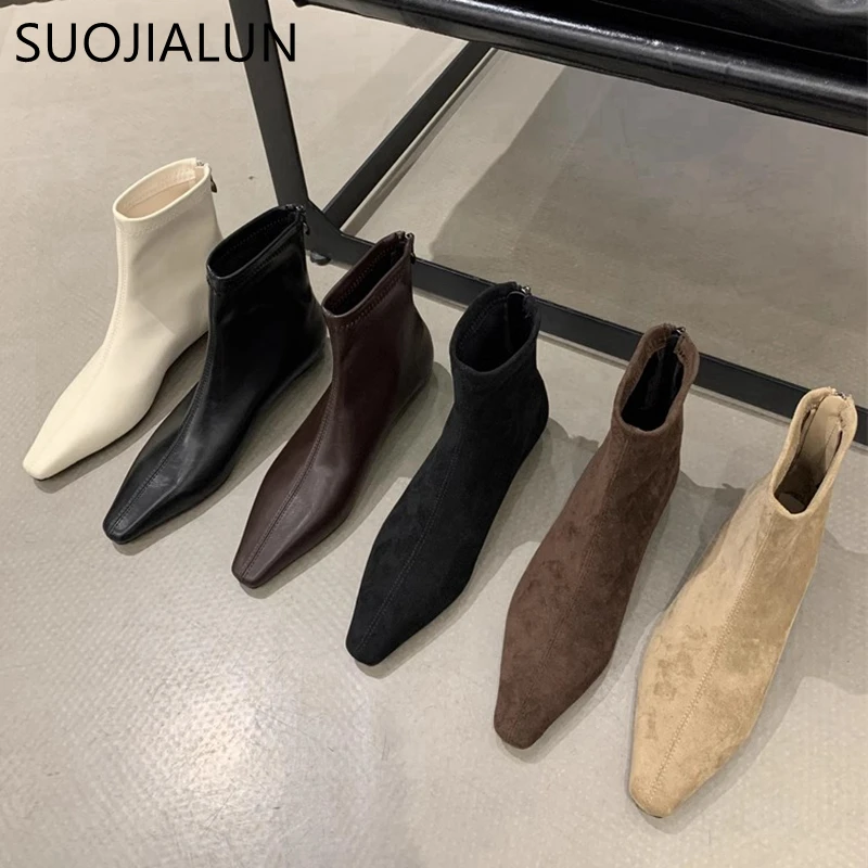 

SUOJIALUN 2024 Winter New Brand Women Flat Boots Shoes Fashion Poined Toe Back Zip Ladies Elegant Short Boots Flat Heel Ankle Bo