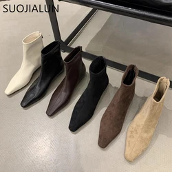 SUOJIALUN 2024 Winter New Brand Women Flat Boots Shoes Fashion Poined Toe Back Zip Ladies Elegant Short Boots Flat Heel Ankle Bo