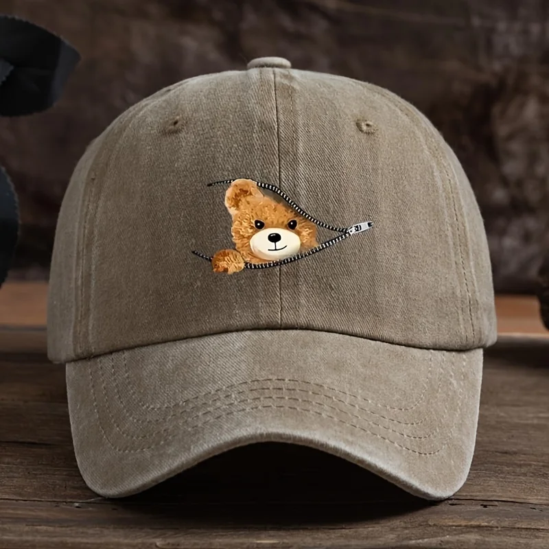 Baseballkappe mit Bärenmuster und Reißverschluss, Sonnenschutzkappe für den Außenbereich, stilvolle Voll-Entenschnabelkappe, schwarz, maschinenwaschbare Baseballkappe
