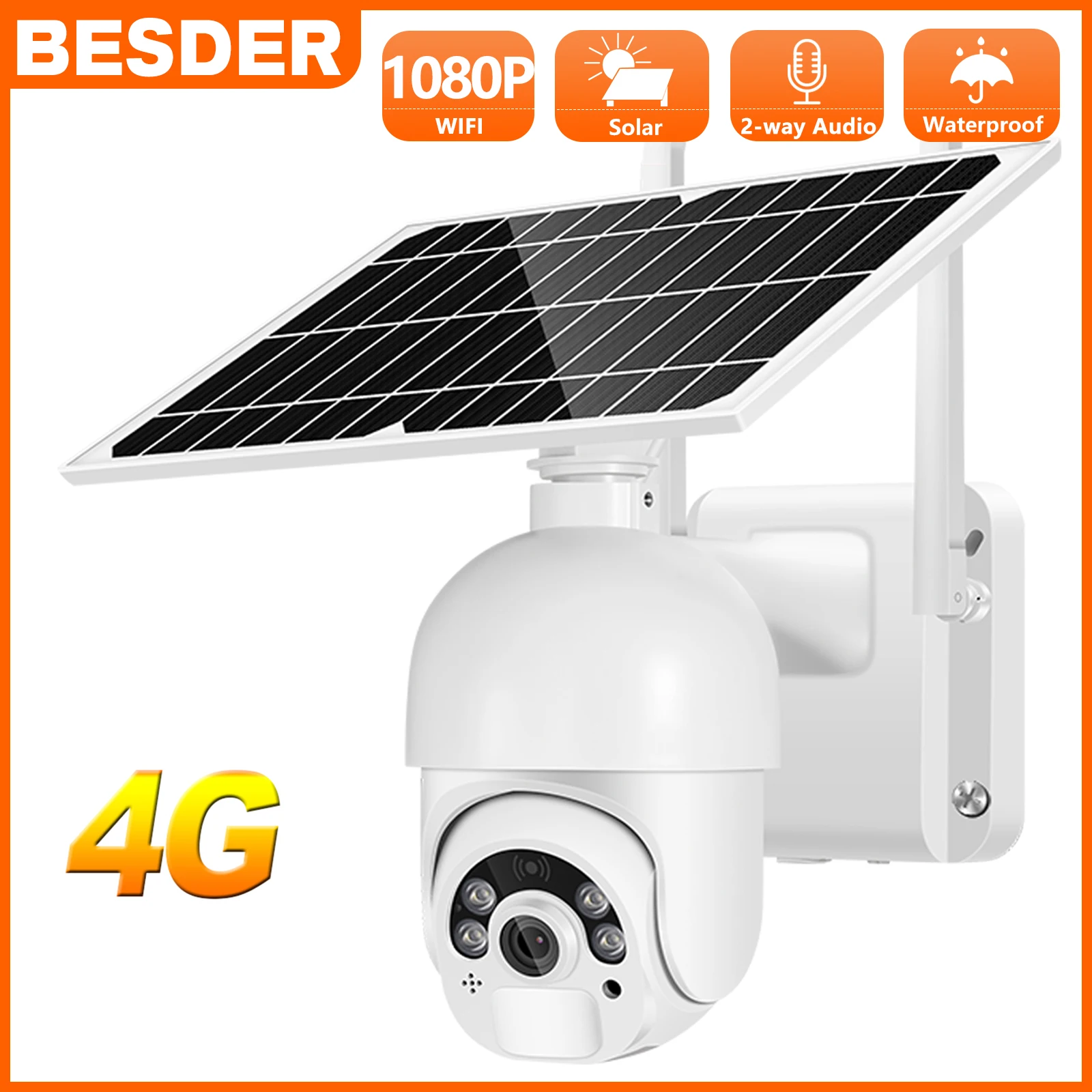 

BESDER 4G SIM Card IP Camera 1080P HD Wireless 8W Solar Panel Battery WIFI Outdoor Waterproof CCTV Security Video Surveillance