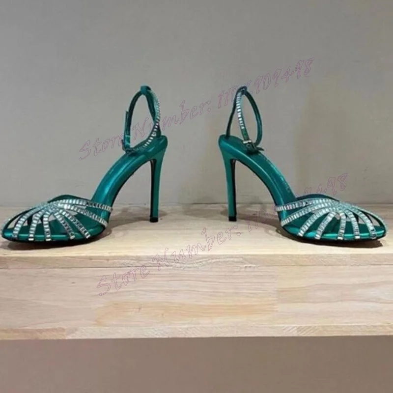 Green Crystal Decor Back Strap Sandals Round Toe Shoes for Women Stilettos High Heels Sexy Party Shoes 2023 Zapatos Para Mujere