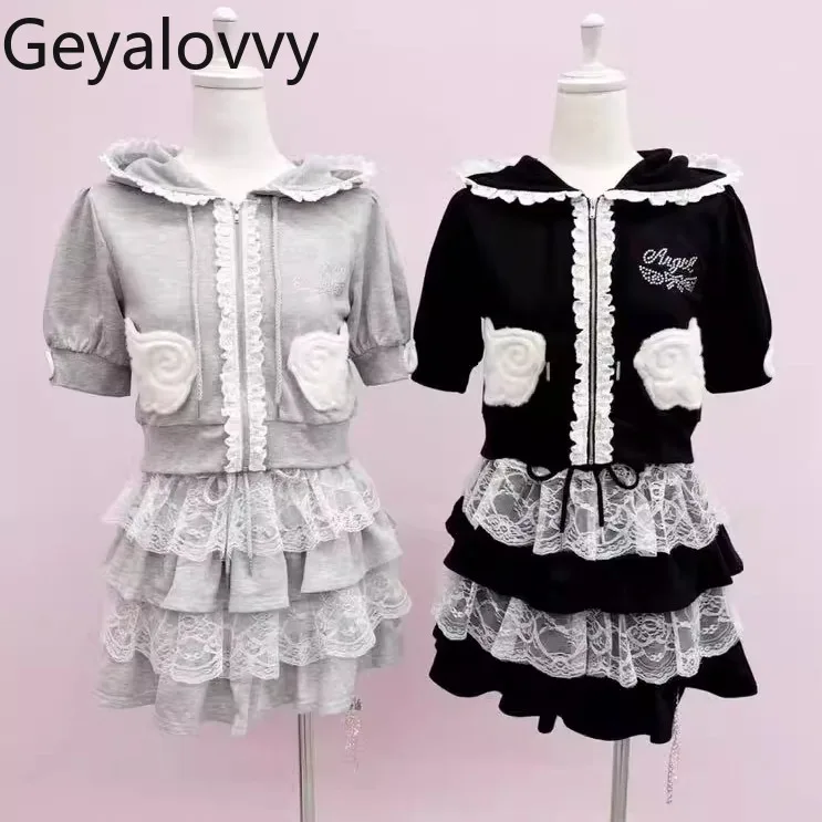 

Japanese Sweet Style Hooded Lace Trim Short Sleeve Sweatshirt Cardigan and Elastic Waist Cake Short Skirt Two-Piece Set