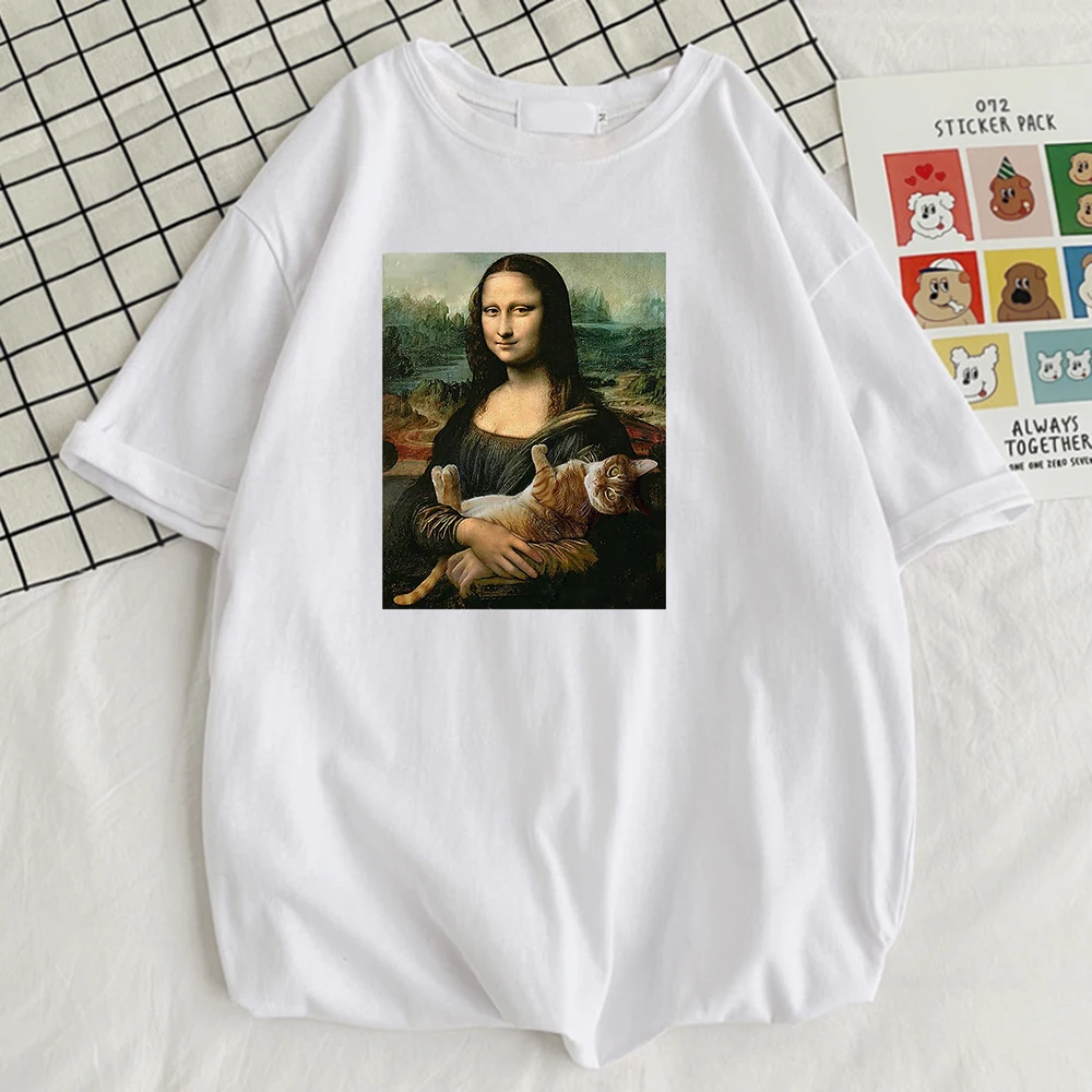 Famous Painting Mona Lisa Hold Cat Prints Men T-Shirts Cool O-Neck Tshirts Creativity Breathable T Shirt Sport Slim Mens Top