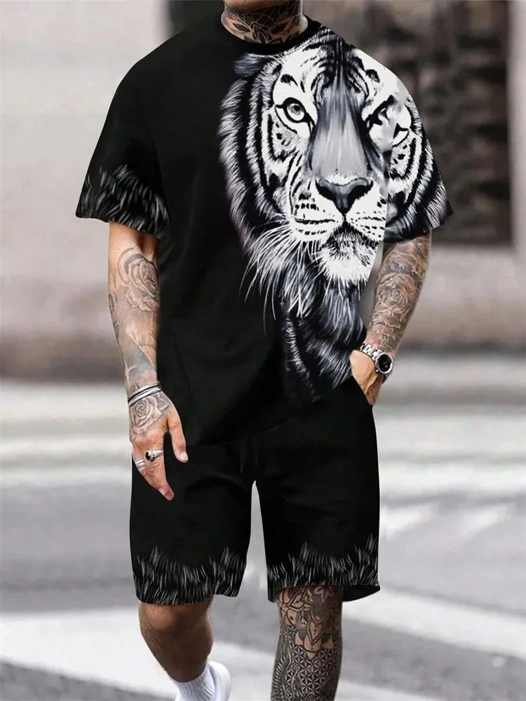 

Hot selling fashionable men's lion print breathable comfortable T-shirt shorts set outdoor casual top two-piece set