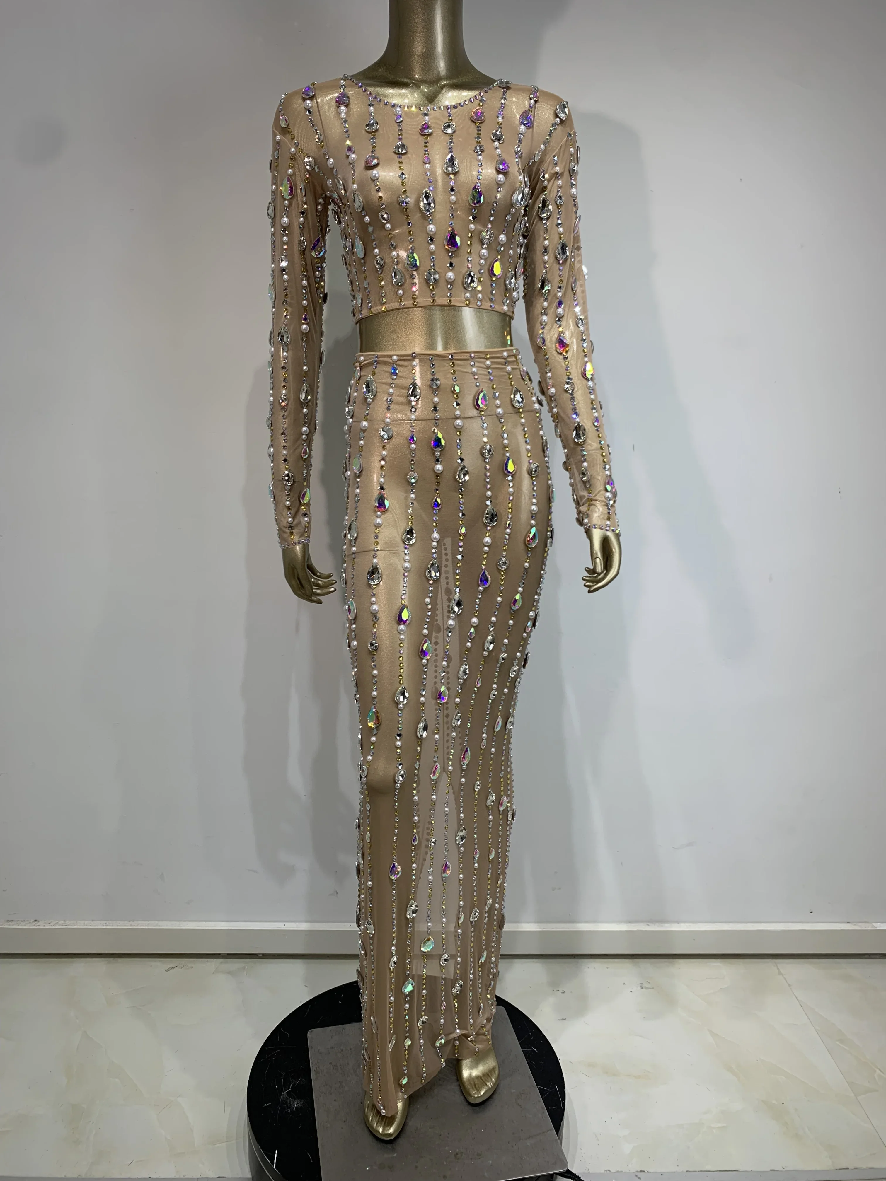 럭셔리 스파클링 라인 석 진주 섹시한 메쉬 긴 소매 스커트 세트 무대 의상 여성 클럽 저녁 파티 드레스를 통해 볼