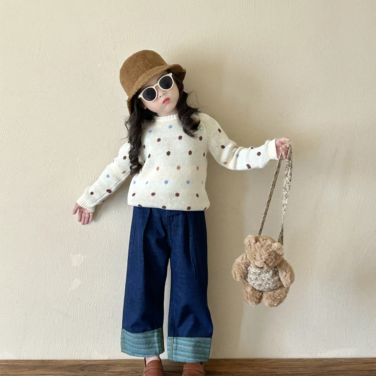 Girls Two-piece Set 2024 Autumn New Childrens Wear Korean Style Covered Ball Ball Sweater Rolled Mouth Green Jeans Set