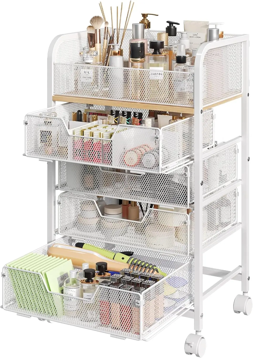 

Large White Makeup Cart with 4 Drawers, Skincare and Cosmetics Storage Organizer for Vanity Display