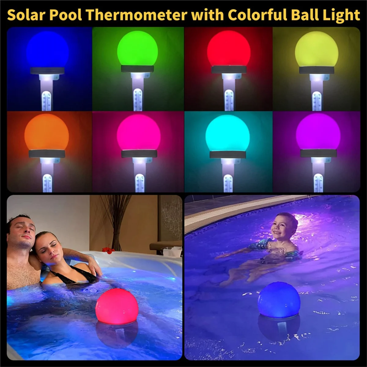 【24 ساعة للبيع!】】{مقياس حرارة حمام السباحة بالطاقة الشمسية مع ضوء LED ملون لحمام السباحة والمنتجعات الصحية وحوض الاستحمام الساخن والحمام العلاجي المائي