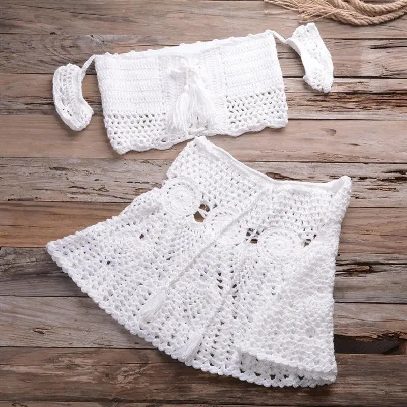 2023 Summer Hand Crocheting Knitting Bikini off-Shoulder Top European and American Handmade Women\'s Skirt