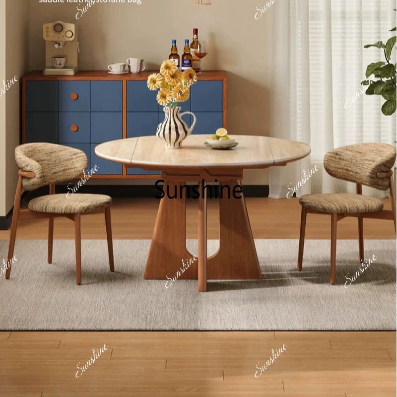 Medieval style solid wood travertine rock slab dining table simple modern small apartment telescopic folding