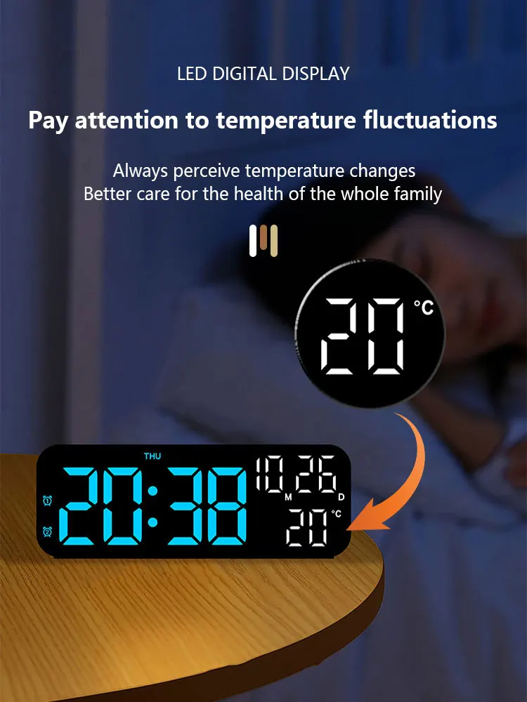 Digital Alarm Clock Temperature and Date Week Display Night Mode Table Clock Voice Control 12/24H Electronic LED Alarm Clocks