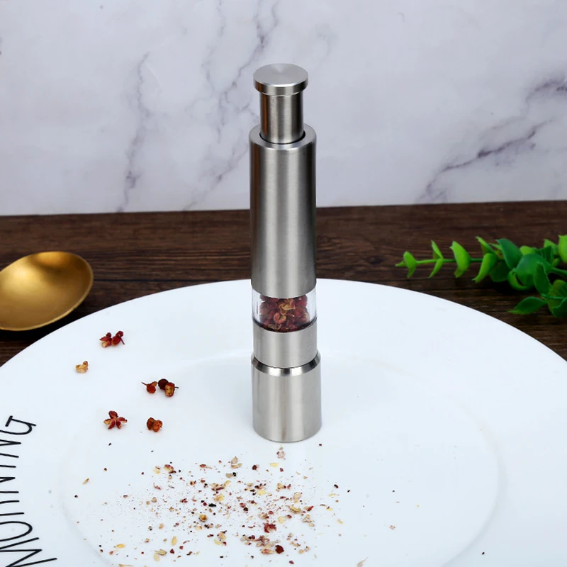 Salt Pepper Grinder Stainless Steel Thumb Push Spice Mill Adjustable Sea Salt Push Button Grinder Seasoning Bottle Kitchen Tools