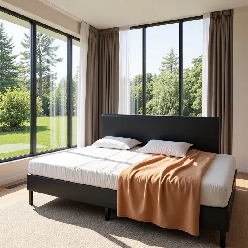 Modern simple black solid wood bed minimalist soft bag backrest matte black home master bedroom second bedroom double bed