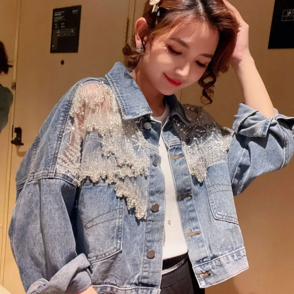 Chic Diamond-studded Denim Jacket Loose Lace Mesh Stitching Sequined Bomber Jeans Coat Hollow Beaded Cardigan Thin Tops Chaqueta