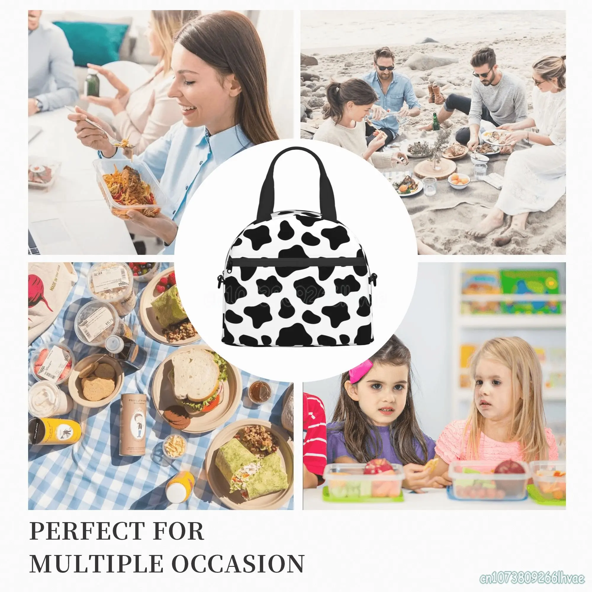 Cow Pattern Insulated Lunch Bag Thermal Lunch Box Waterproof Bento Bags Single Shoulder Portable Tote Bag for Work School Picnic