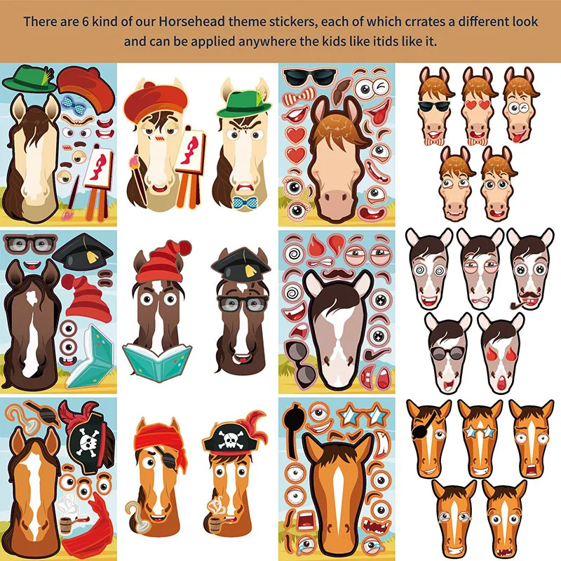 Cartoon Animal Make A Face Stickers Sheets For Kids DIY Make Your Own Horse Puzzle Stickers Children Toys Party Birthday Gifts