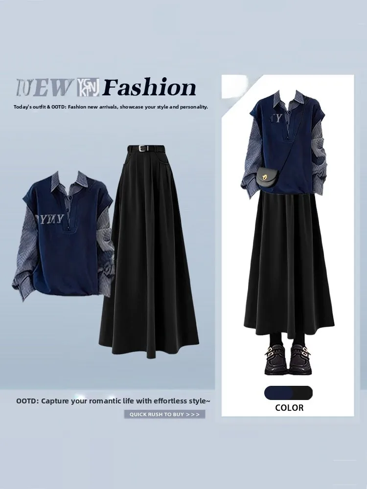 

Faionable A-Line Skirt Set Women's High Waist Long Sve irt Contrast Color Spring Season Lightweight Mature Sle