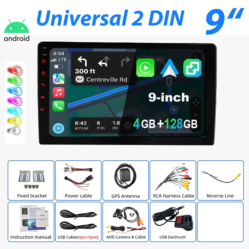 Universeel Autoradio ESSGOO Android 15 7"/9"/10" 4+128 GB 2 DIN Draadloze CarPlay Android Auto GPS Navigatie RDS FM Bluetooth 7 Kleuren ASP-scherm Mirror Link Aanraakscherm Stuurwielbediening