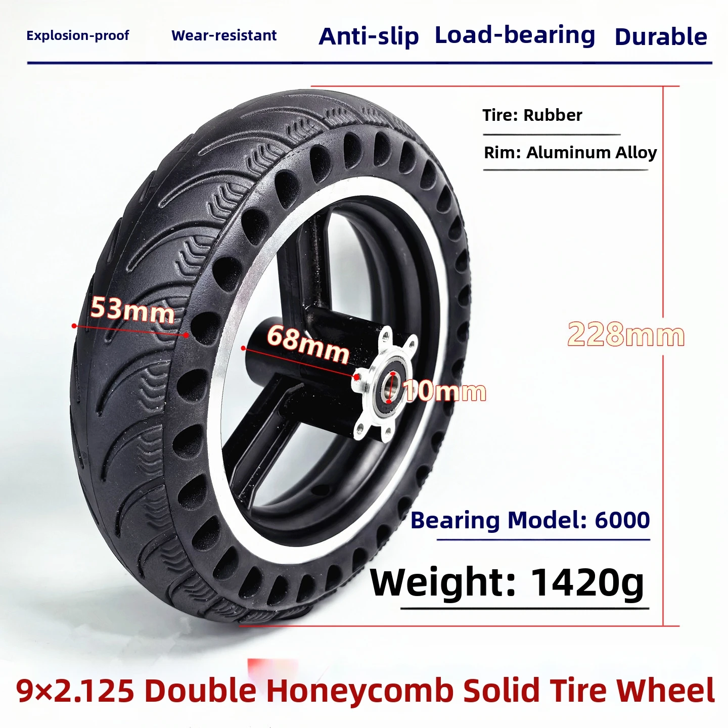

9x2.125 Puncture Resistant Solid Tire Wheel for Electric Scooter and Go Kart with 6000 6001 Bearings 10mm 12mm