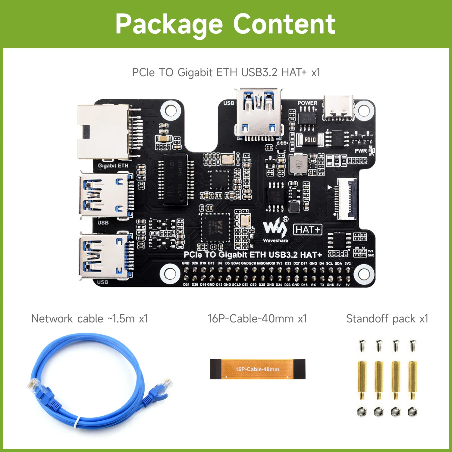 Waveshare PCIe To Gigabit Ethernet And USB 3.2 Gen1 HAT, 3x USB 3.2 Gen1, 1x Gigabit Ethernet, Raspberry Pi 5 PCIe HAT