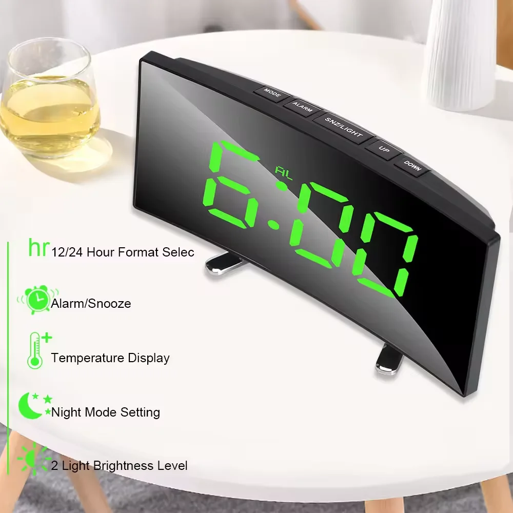 

LED Digital Clock Creative Digital Alarm Clock Curved Screen Mirror with Large Display USB Charging Powered Bedside Table Clock