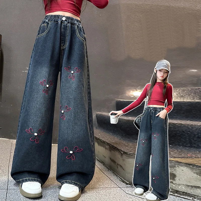 

Girls Autumn Jeans Pants With Flower Kids Loose Wide Leg Trousers Teen High Street Leg Denim Long Pants Casual Sweatpants 5-14Y