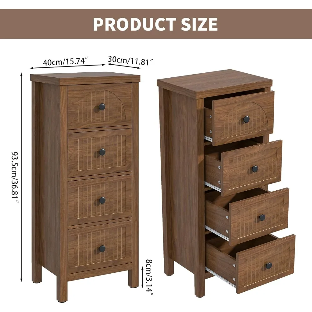 Nowoczesna komoda z 4 szufladami, wysokość 93,5 cm, z radełkowanym panelem, do przechowywania w sypialni.