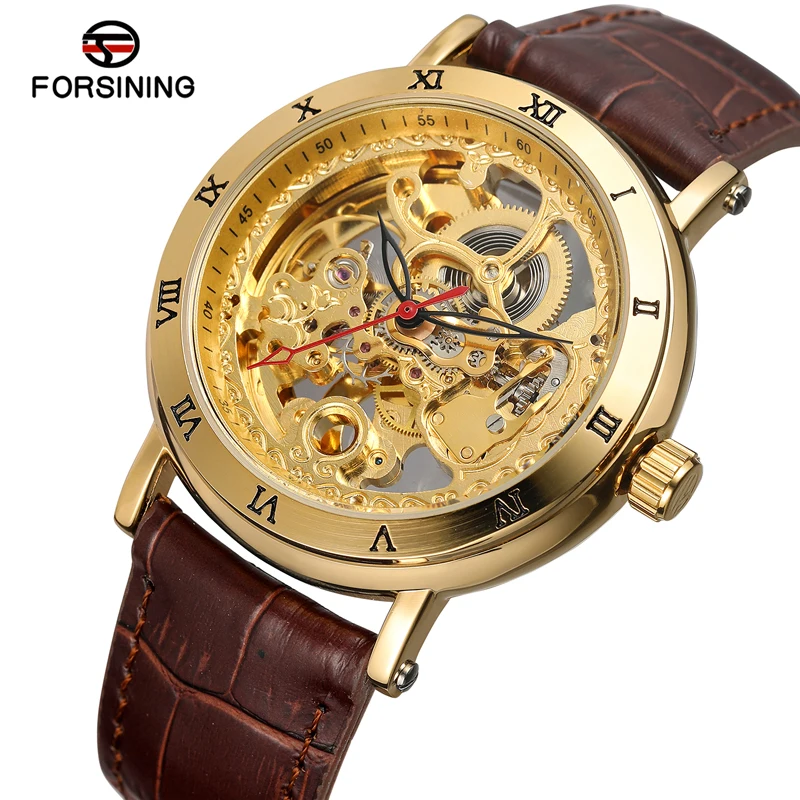 

FORSINING Original Automatic Men Wrist Watch Luxury Golden Skeleton Transparent Mechanical Bezel Markers Leather Band Male Dress