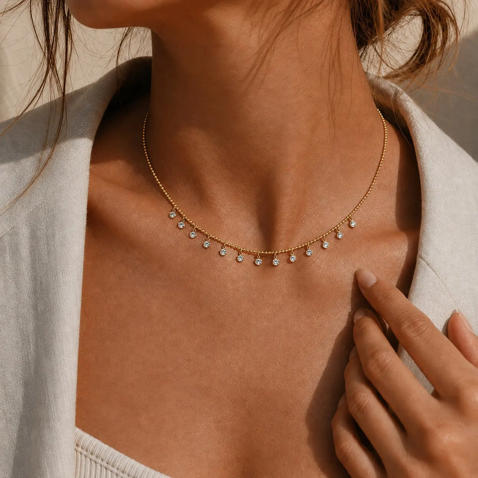 Round Cubic Zirconia Bezel CZ Drop Dangle Station Necklace, Stainless Steel Beaded Choker,Women's 2026 New Trend Jewelry