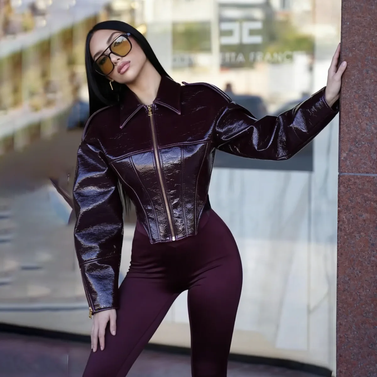 PUAL Women's Burgundy Patent Leather Cropped Jacket - Turn Down Collar Zip Up Corset Style Moto Biker Coat for Winter Streetwear