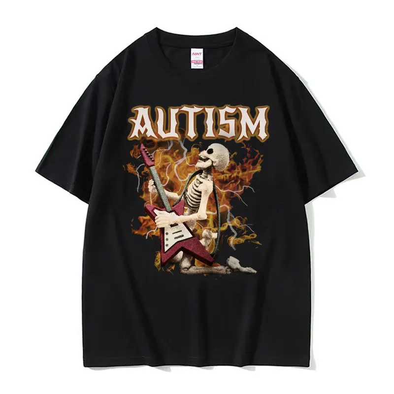 Autistic Funny Skeleton Meme Graphic T Shirt Men Fashion Gothic Retro T Shirts Male O-Neck Oversized Short Sleeve T-shirt Unisex