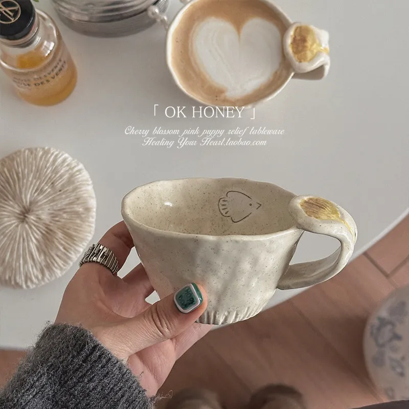 Korean Handmade Rough Pottery Milk Mugs Simple Ceramics Coffee Cups with Handle Ins Household Round Drinking Utensils