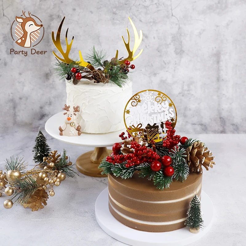 

Merry Christmas Cake Toppers Gold Deer Elk Antlers Acrylic Cake Topper for new year Party Handmade Cake Decoration 2023 Gifts