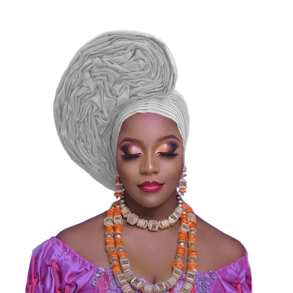 African Aso Oke Headtie Auto Gele Headwrap Nigerian Traditional Wedding headdress for women