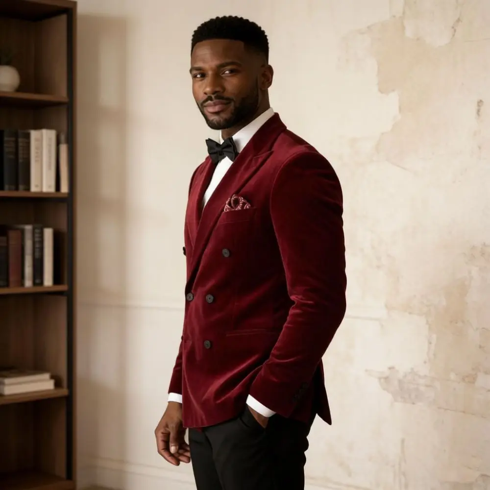 Burgundy Velvet Suits for Men Slim Fit 2 Pieces Double Breasted Tuxedo Mix Match Wedding Prom Banquet Rehearsal Dinner 2026