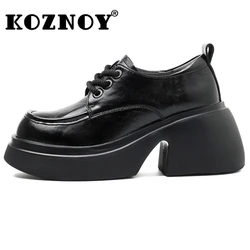 Koznoy 7.5cm Genuine Leather Heels Women Spring Platform Wedge Luxury Mary Jane Pils Mules Boots Retro Summer Autumn Pumps Shoes