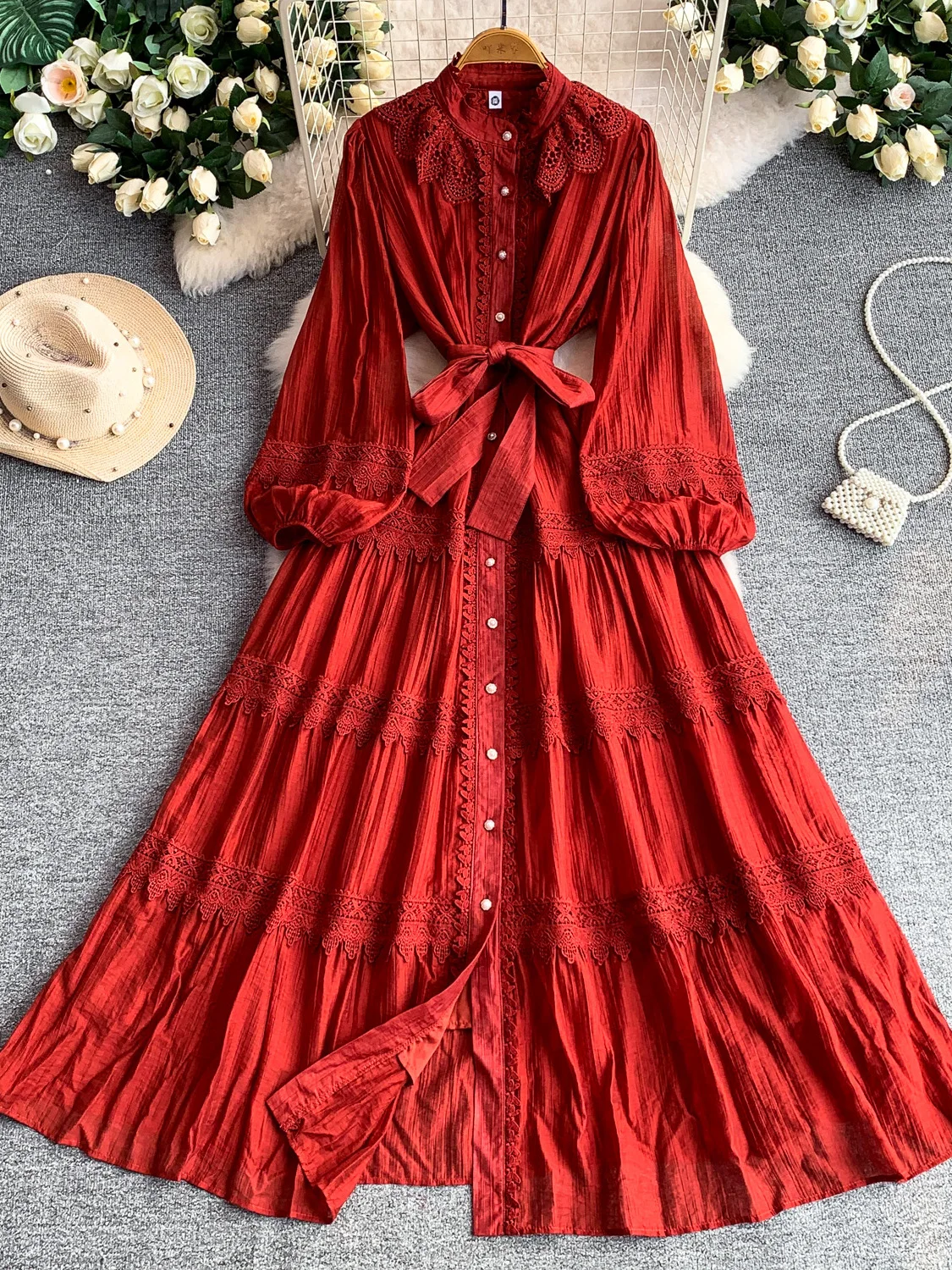 

Ретро-платье с кружевными вставками и воротником-стойкой, женское, на одной пуговице, с приталенной талией, рукавами-колокол, для города, А-силуэт