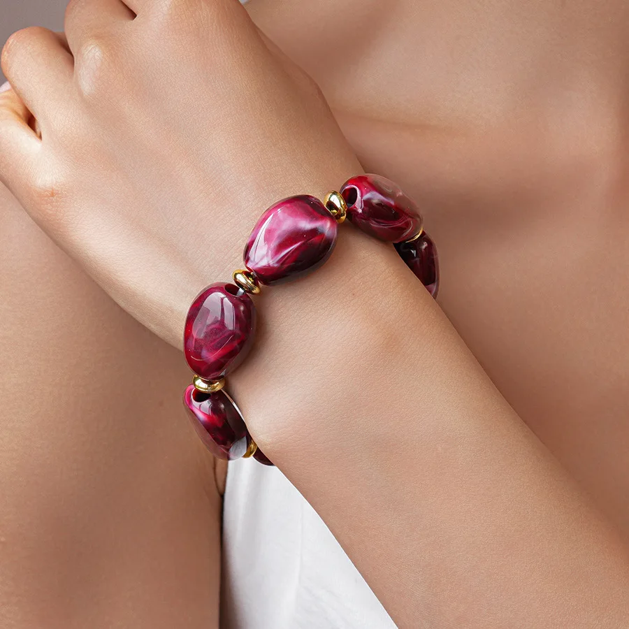 Trendige bunte marmorierte unregelmäßige ovale Perlen elastische Armbänder Boho Harz geometrische Perlen Armreifen Armband 2026 Modeschmuck – Detail 9