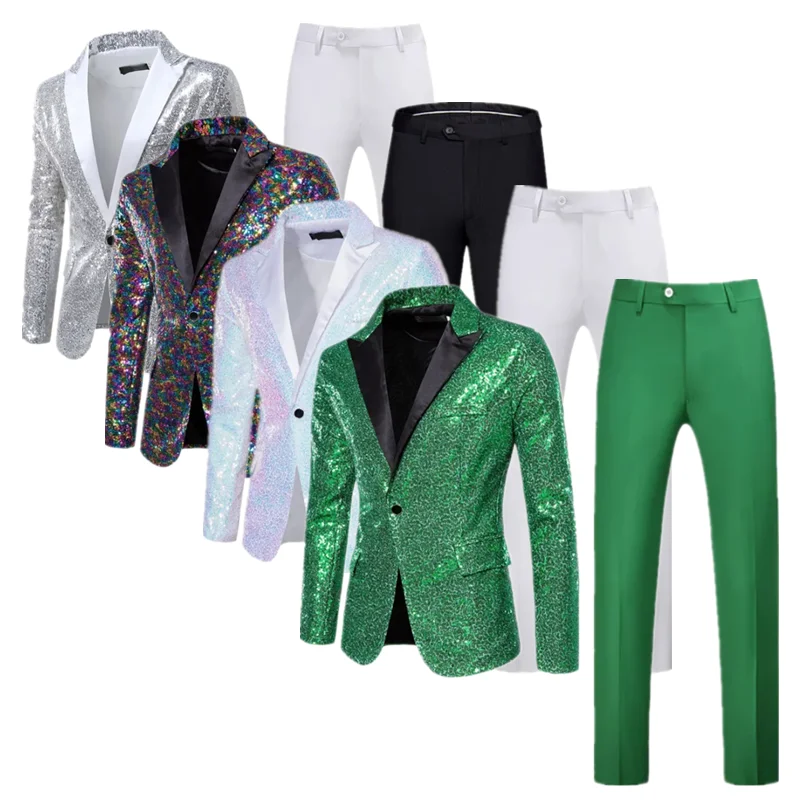 New Men Sequins Suit 2 Piece Comfortable Breathable Clothing Men\'s Business Social Dance Party Dress Blazer Jacket and Pants