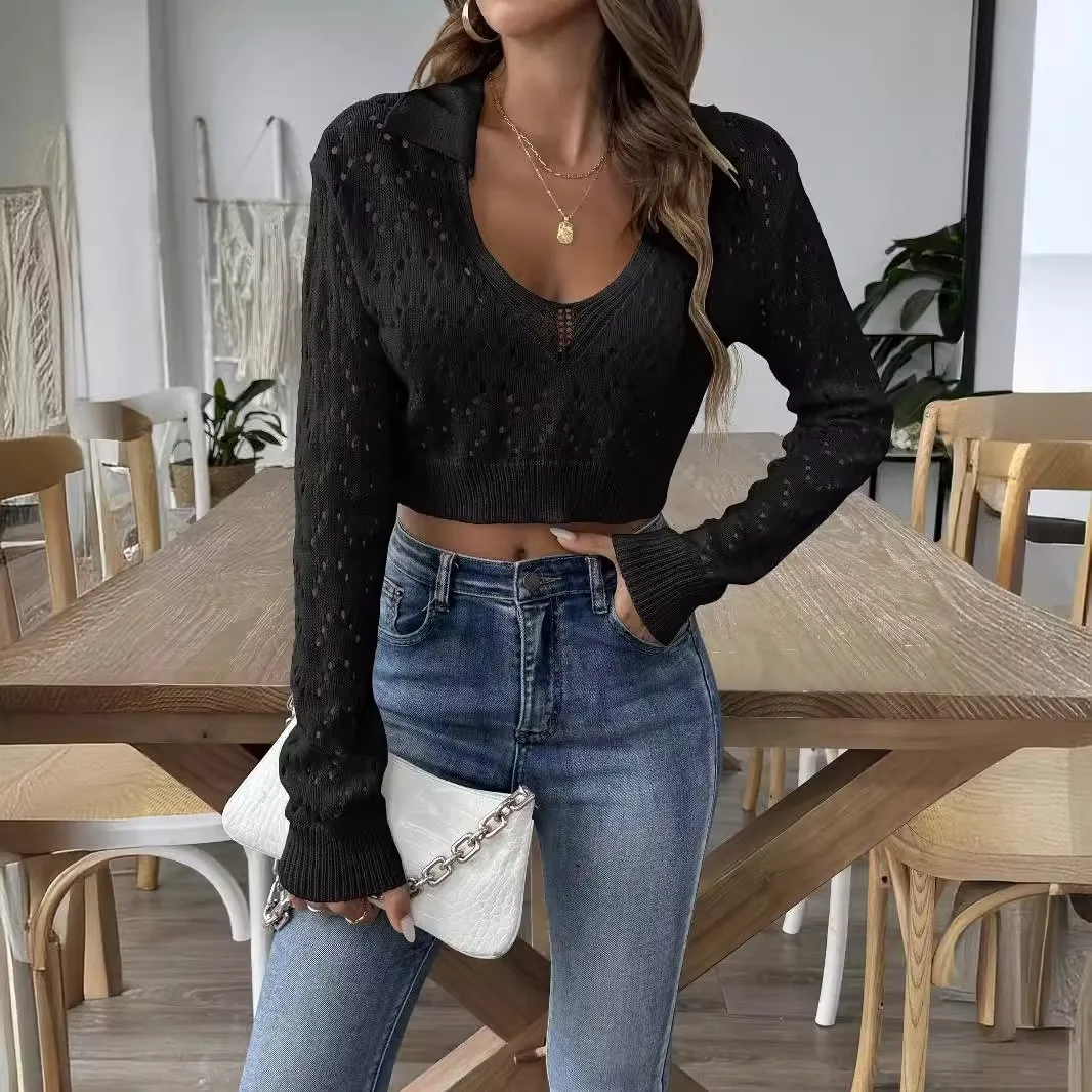 Dames trui met holle kraag, trendy streetwear gebreide trui met blote buik