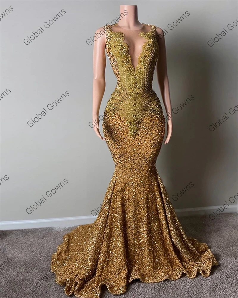 Gold O Neck Long Prom Dress For Black Girls 2024 Beaded Crystal Birthday Party Dresses Evening Gowns Sequined Robe De Bal