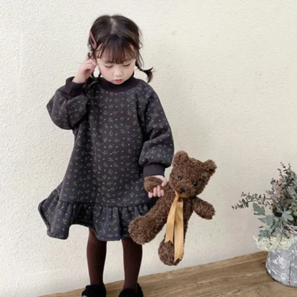 Toddler Baby Girl Winter Thick Velvet Dress Children Floral Warm Casual Dress Infant Fall Outfits fits 1-8 Years