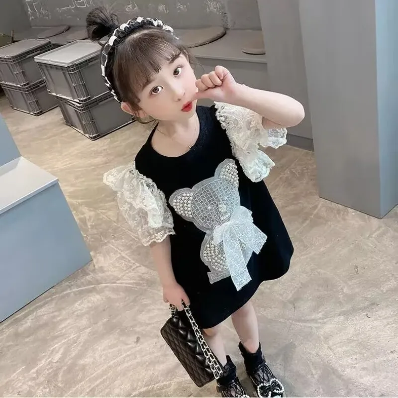 Girl\'s Short sleeved Dress Summer New Baby Fashionable Lace Princess Dress Children\'s Long T-shirt Spring and Autumn Clothing