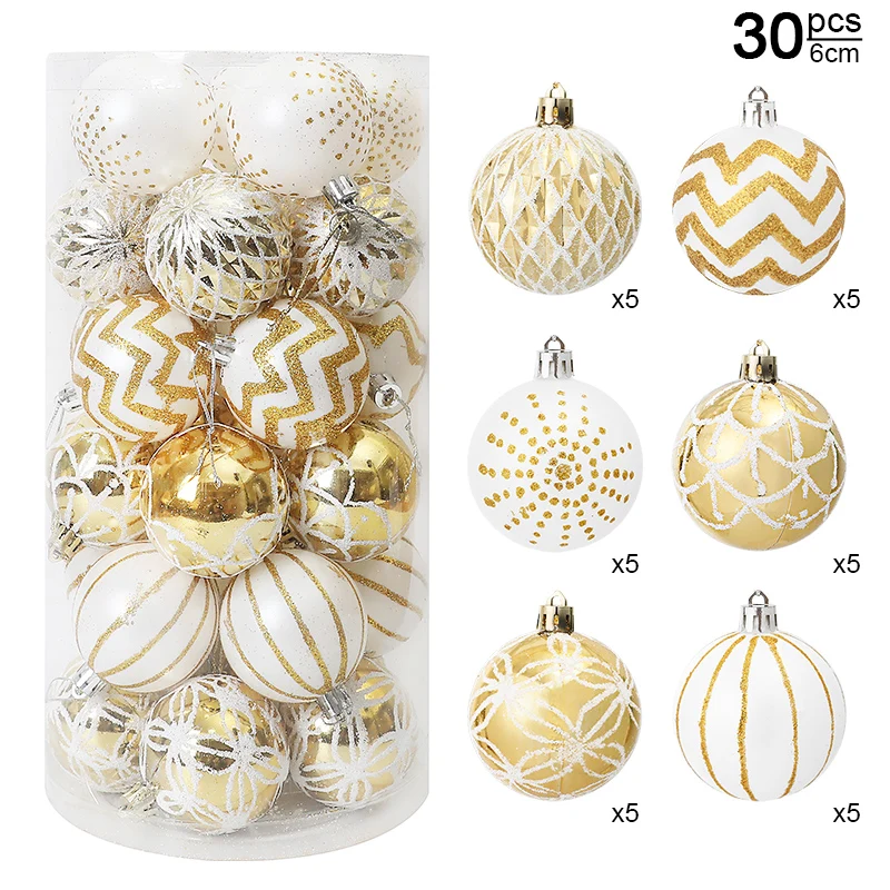 30pcs 6cm Gold White Christmas Balls Ornament Xmas Tree Hanging Pendant Navidad New Year Home Party Decoration Festival Supplies