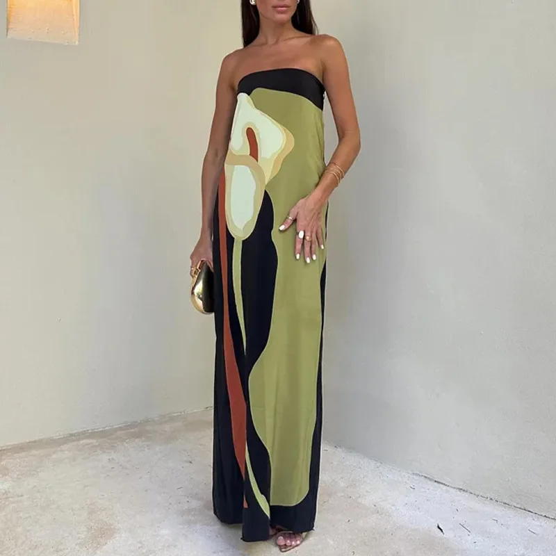 Fashionable Sleeveless Off Shoulder Avant-garde Sexy Off Back Printed Long Dress for Women's Summer 2024