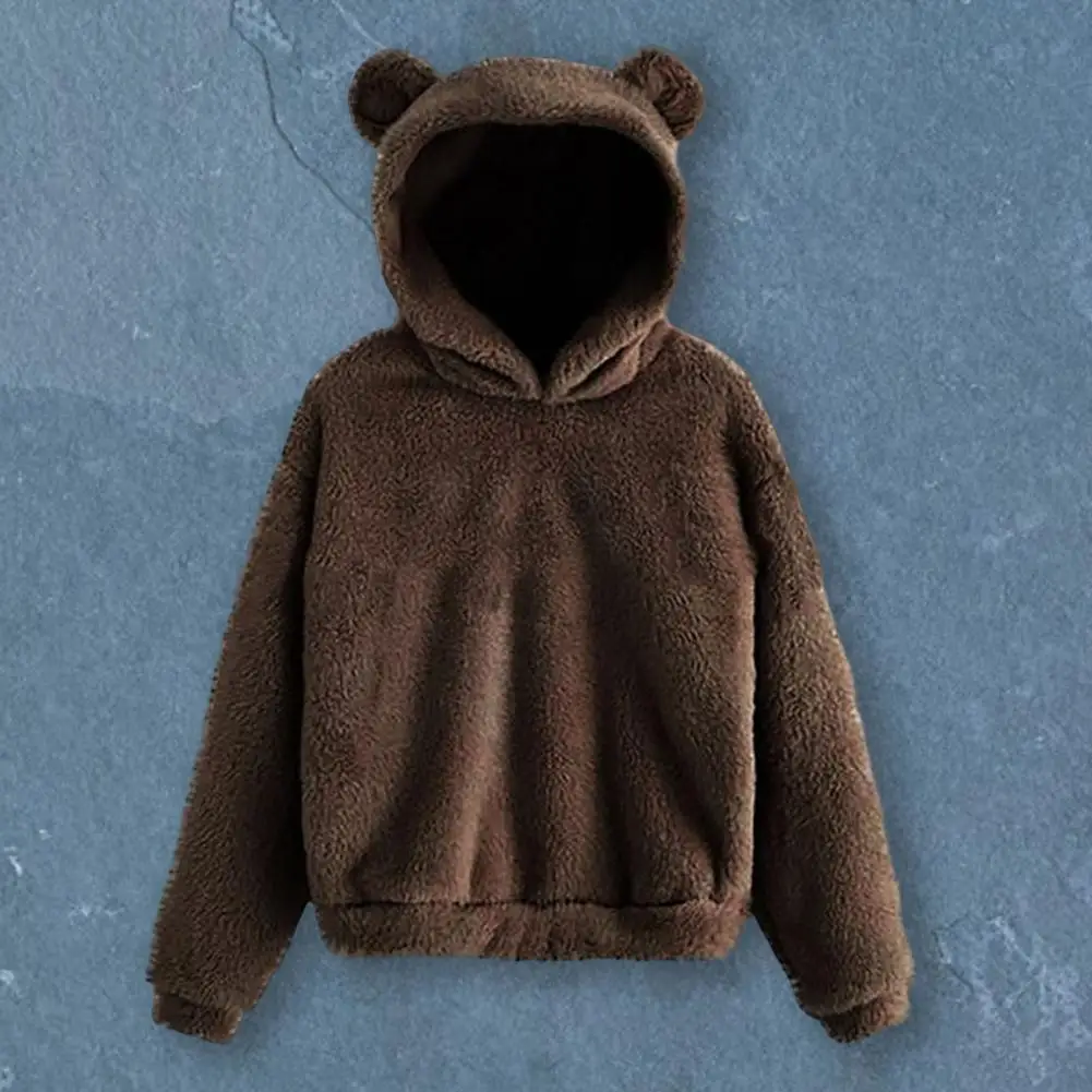 Women Winter Hoodie Solid Color Plush Thick Hooded Cozy Keep Warm Soft Ears Decor Women Hoodies Sweatshirts Mujer Sudaderas