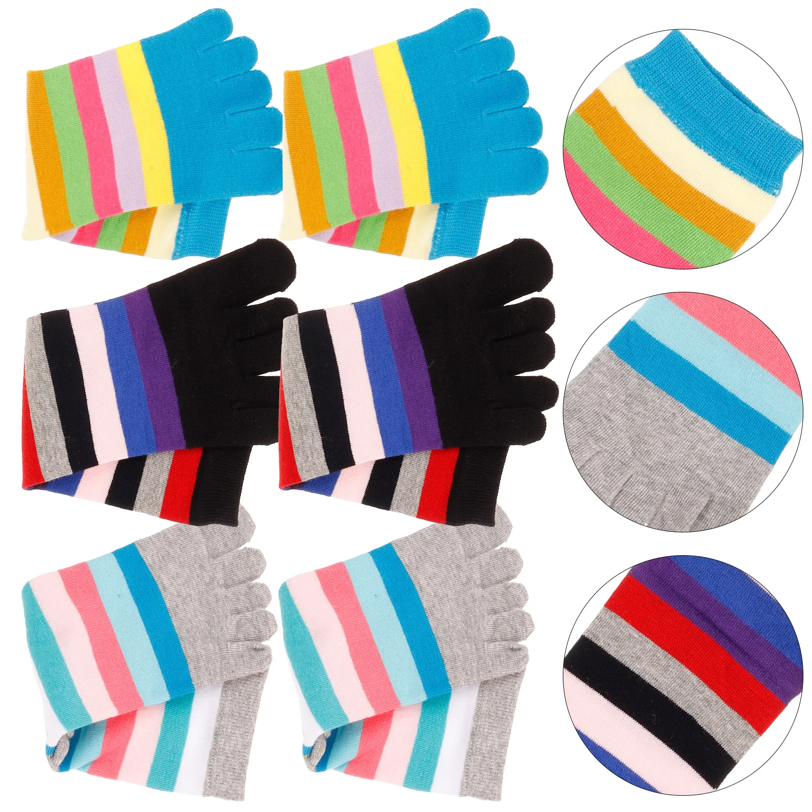 

3 Pairs Rainbow Stripe Combed Cotton Toe Women Black Grey Bright Blue Mid Calf Length Separated Big Toe Socks Cute Socks Teens