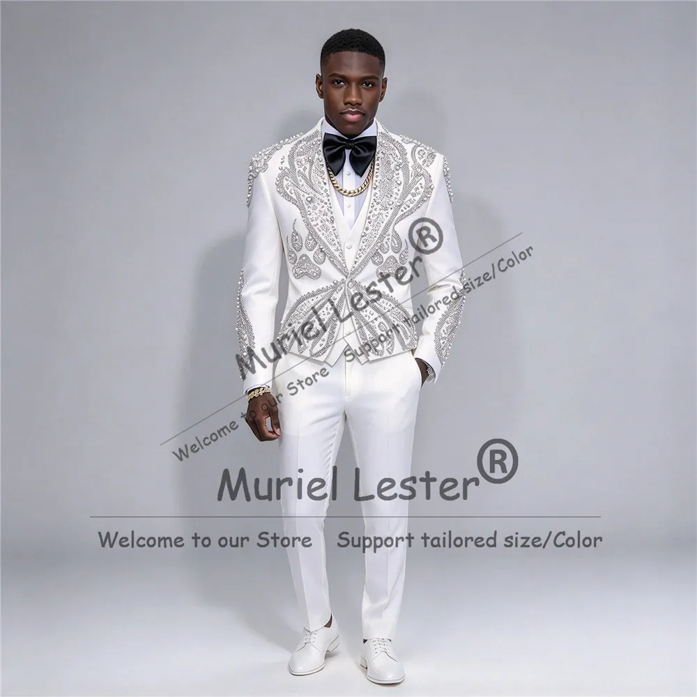 Men's Suits And Separates Designer Sparkly Crystals Beading Jacket Vest Pants 3 Piece Sets Groom Tuxedo Man Stage Ropa Hombre