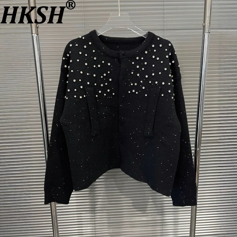 

HKSH Autumn Winter New Women Sweater O-neck Long Sleeve Studded Diamonds Korean Elegant Trendy High-end Knitted Cardigan HK12340